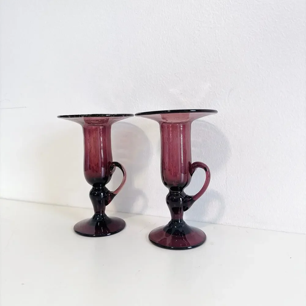 VTG LA VERRERIE DE BIOT FRENCH AMETHYST BUBBLE BLOWN GLASS PAIR CANDLE HOLDERS